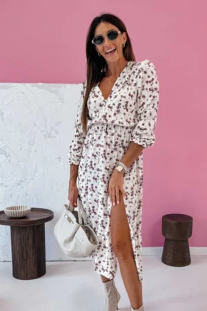 Sukienka – brązowe kwiaty, midi z rozcięciem widok z przodu