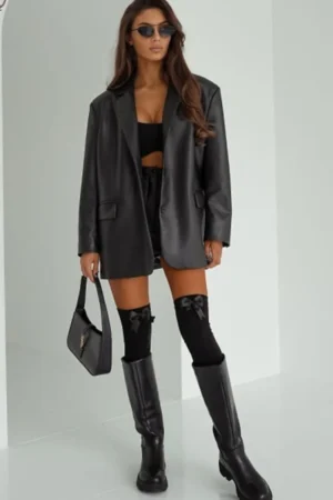 Zakolanówki z dużą kokardą – czarne widok z przodu