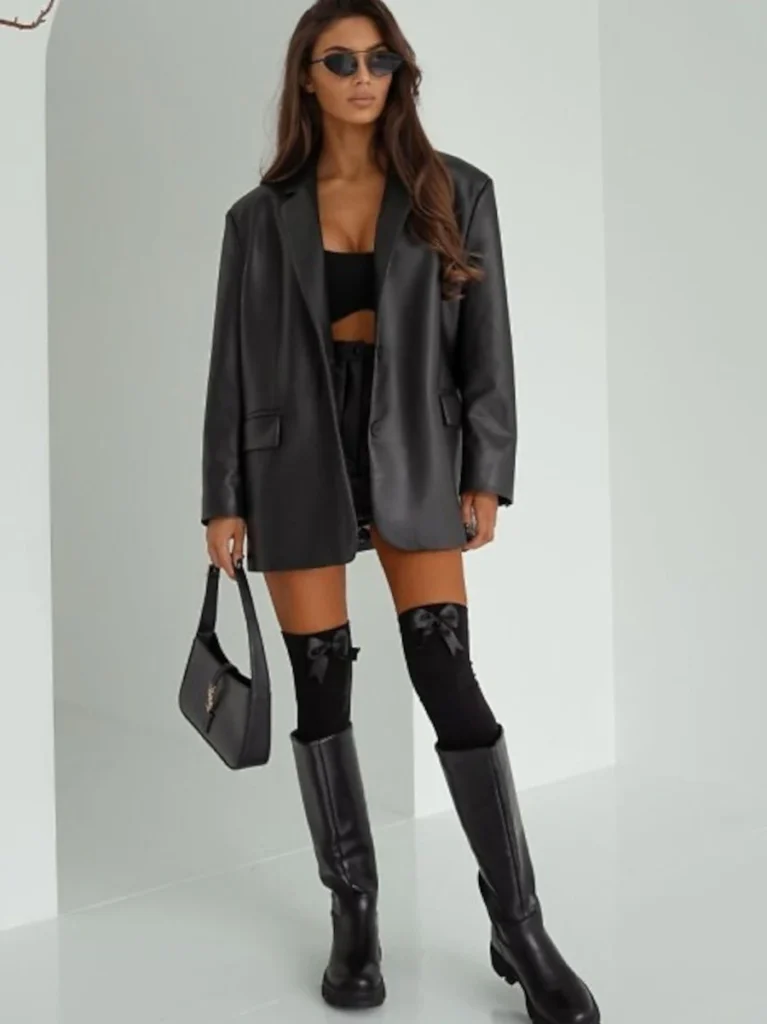 Zakolanówki z dużą kokardą – czarne widok z przodu