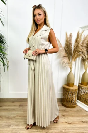 Elegancki beżowy kombinezon damski z plisowanymi nogawkami – Skyline widok z przodu