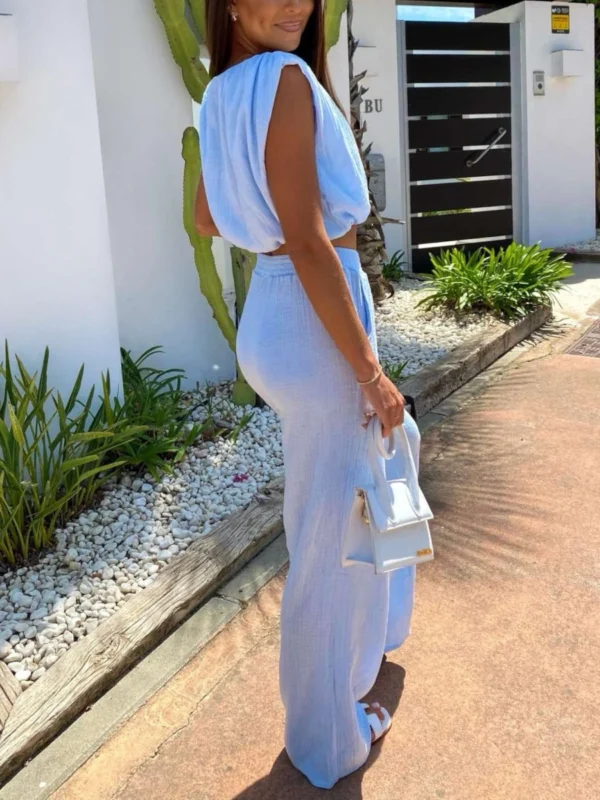 Komplet muślinowy NICOL błękitny – lekki zestaw na lato widok z boku