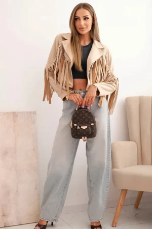 Kurtka z frędzlami FRANJA – beżowa widok z przodu