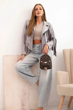 Kurtka Franja – szara, zamszowa z frędzlami widok z przodu