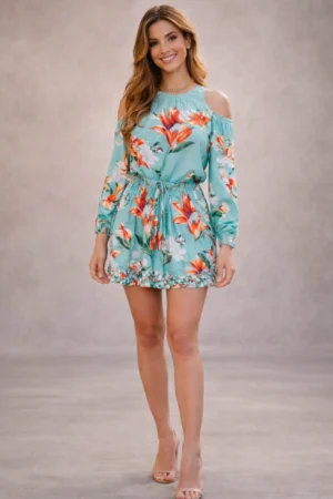 Sukienka mini turkusowa z kwiatowym printem