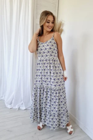 Sukienka maxi - fioletowe kwiaty widok z przodu