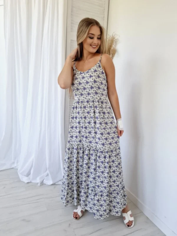 Sukienka maxi - fioletowe kwiaty widok z przodu