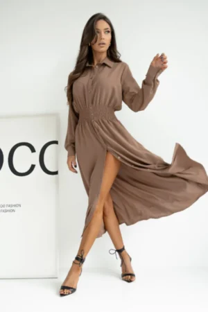 Sukienka DARIA - Beżowa szmizjerka widok z przodu