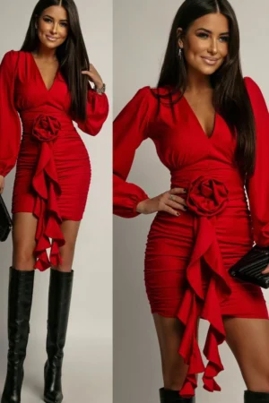 Sukienka mini czerwona z marszczeniem – FLOWERS