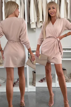 Sukienka LUNA Beżowa z kopertowa z wiązaniem w pasie widok z przodu i tyłu