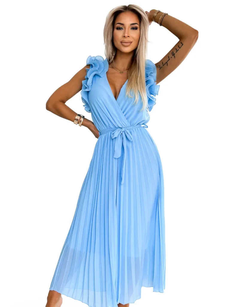 Sukienka MIRABELLA – błękitna midi plisowana widok z przodu