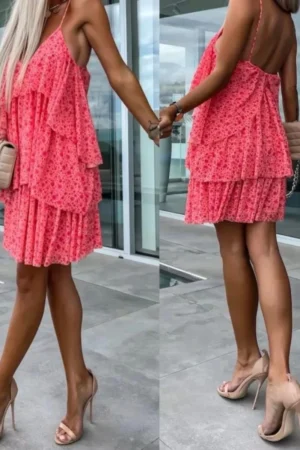 Sukienka Summer pomarańczowo różowa – zwiewna sukienka na ramiączkach z falbankami widok z przodu i z tyłu