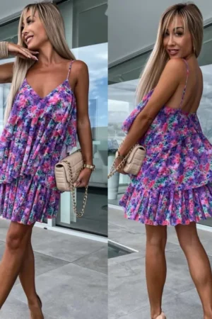 Sukienka Summer Fioletowa – zwiewna sukienka na ramiączkach z falbankami widok z przodu i z tyłu