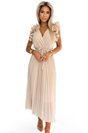 Sukienka MIRABELLA – beżowa midi plisowana widok z przodu