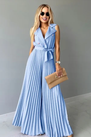 Kombinezon Skyline – błękitna elegancja z plisowaniem widok z przodu