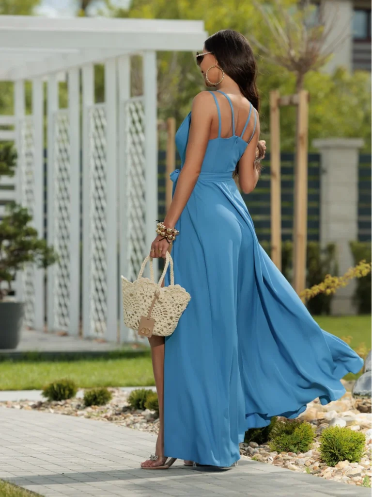 Sukienka Verona niebieska maxi z rozcięciem i wiązaniem (ROZMIAR 36) widok z tyłu