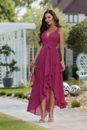 Sukienka Paula maxi malinowo- fioletowa – asymetryczna (ROZMIARY 34) widok z przodu