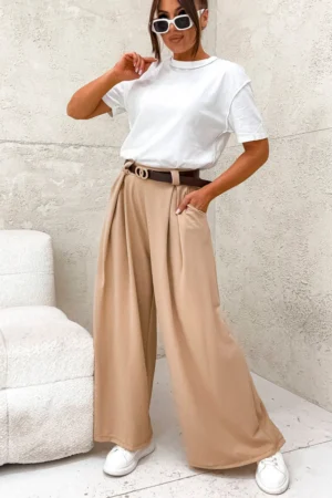 Spodnie z szeroką nogawką ALMA – karmelowe widok z przodu