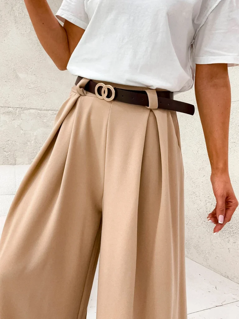 Spodnie z szeroką nogawką ALMA – karmelowe widok z przodu przybliżenie