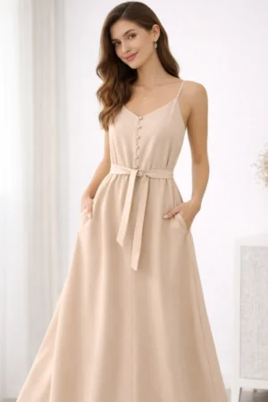 Sukienka beżowa maxi na ramiączkach z paskiem - LARA