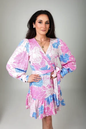 Sukienka szlafrokowa kwiatowa kopertowa z długim rękawem - ANNA